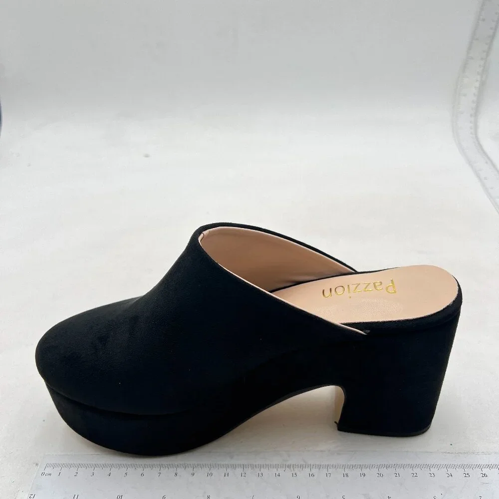 Pazzion Black Thick Platform Round Toe Clog Mule Slip On Block High Heel Slipper